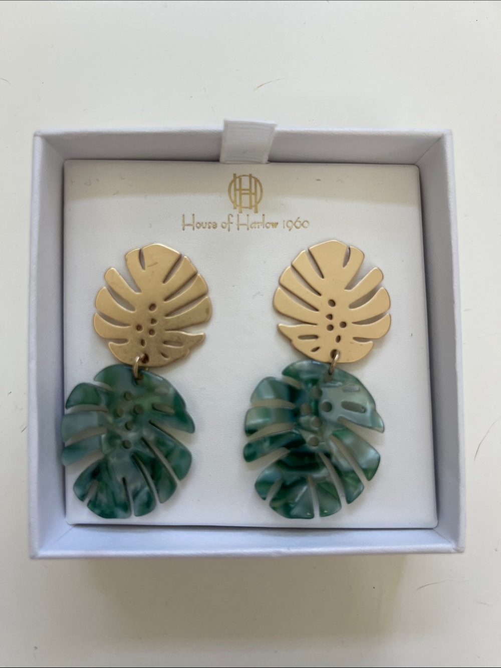 House of Harlow 1960 Gold and Teal Monstera Leaf Drop Earrings